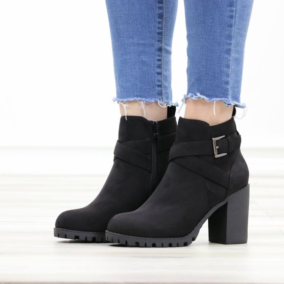 Faux Suede Black Lug Sole Ankle Boots - Picture 13 of 14